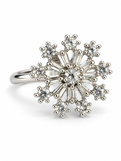 Clear Floral Starburst Ring - Silver Plated