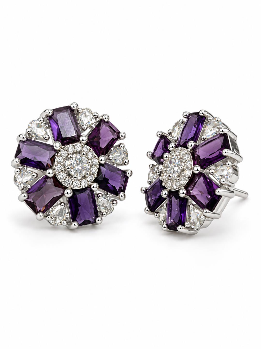Purple round flower silver-plated stud earrings