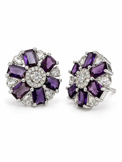 Purple round flower silver-plated stud earrings