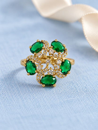 Green Stone Five Petal Swirl Ring - Gold Plated, additional view 3