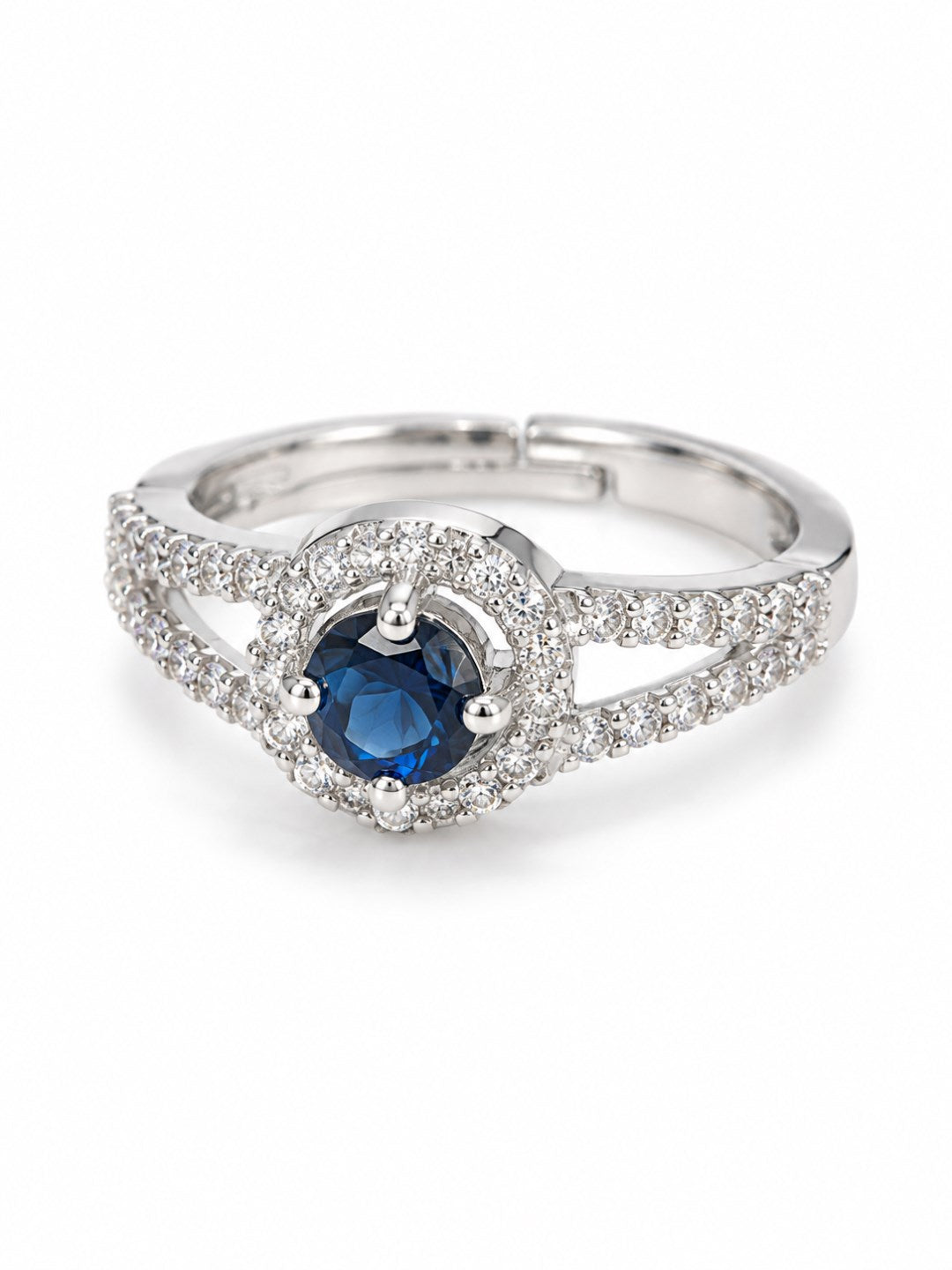 Blue Round Halo Split-Shank Ring - Silver Plated
