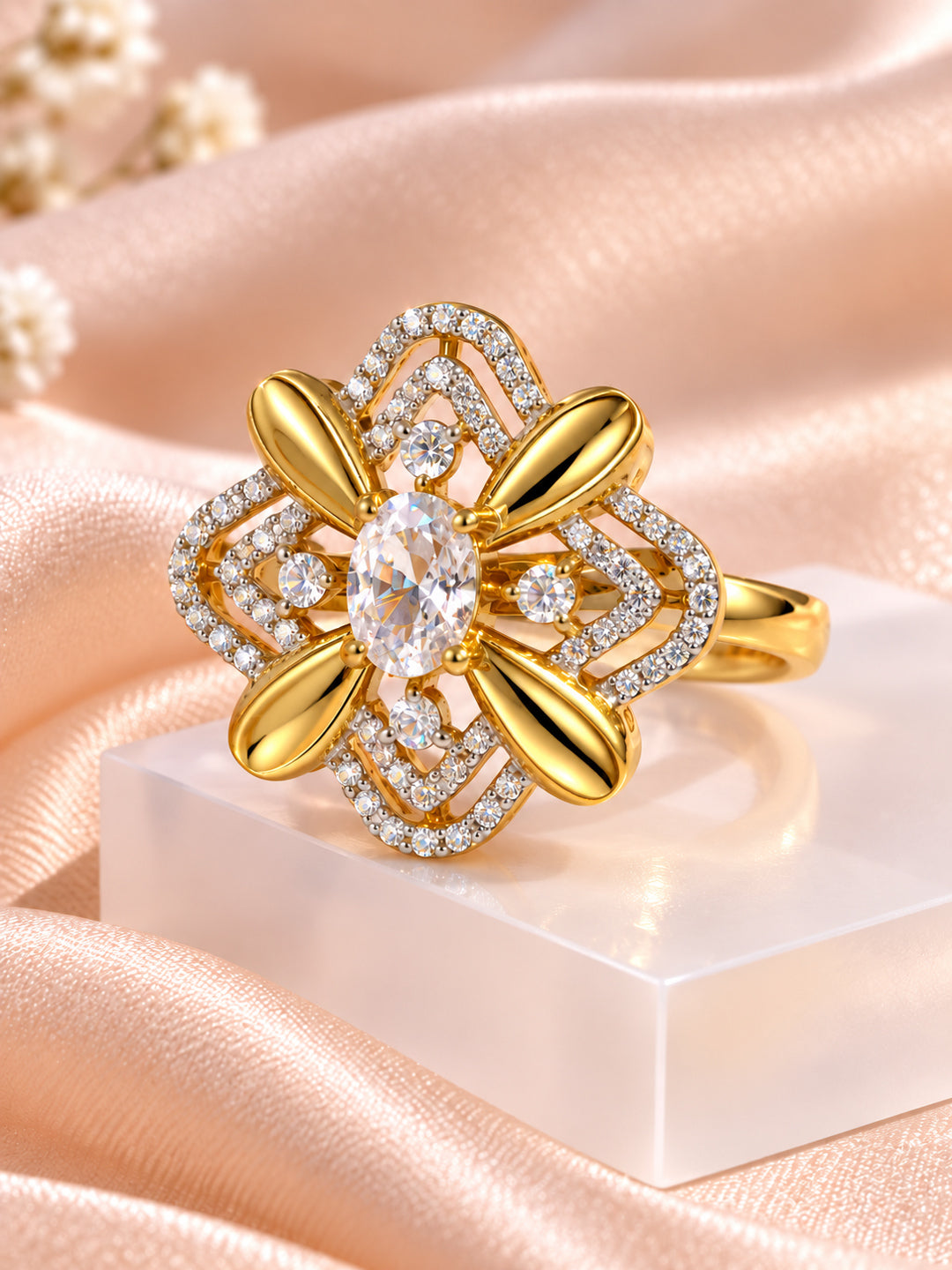 White Center Stone Four-Petal Floral Ring - Gold Plated