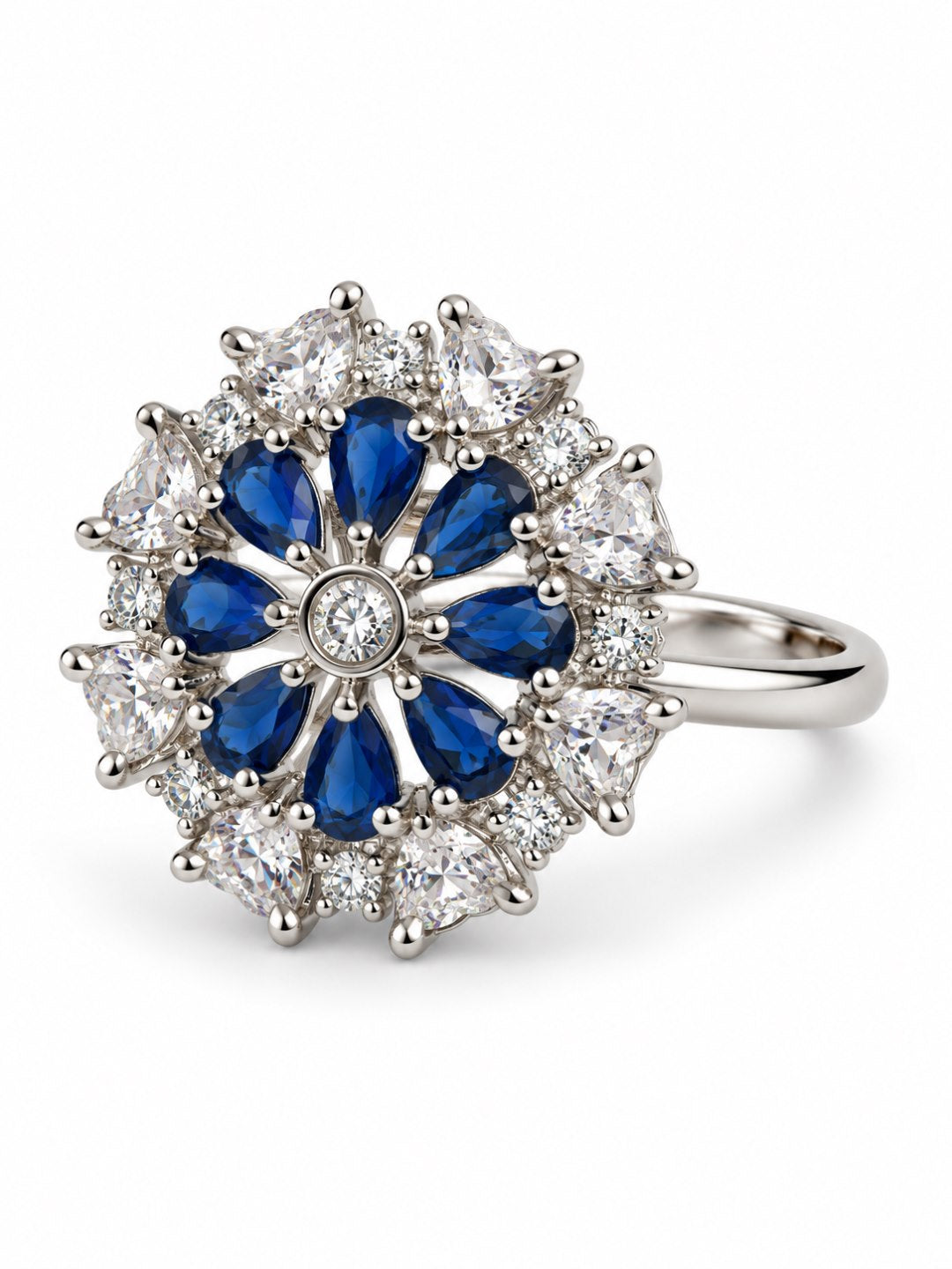 Blue Petal Halo Flower Ring - Silver Plated - alternate view