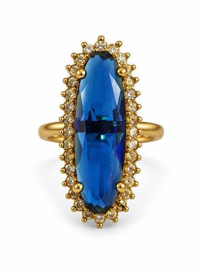 Blue Stone Elongated Stone Halo Ring - Gold Plated, additional view 4