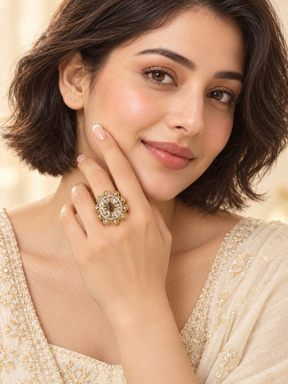 Purple Center Stone Scalloped Floral Halo Ring - Gold Plated