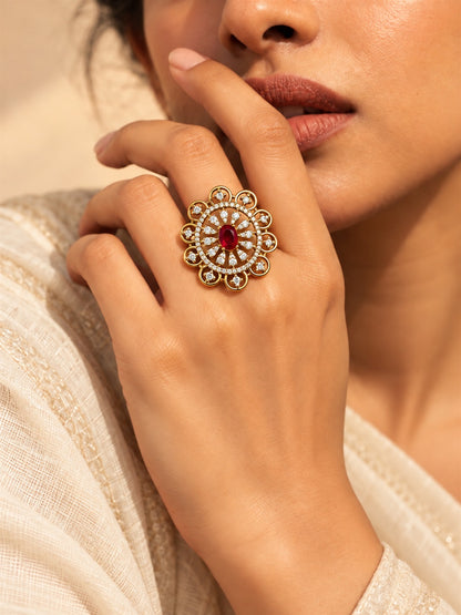 Red Stone Scalloped Sunburst Ring - Gold Plated, model close-up