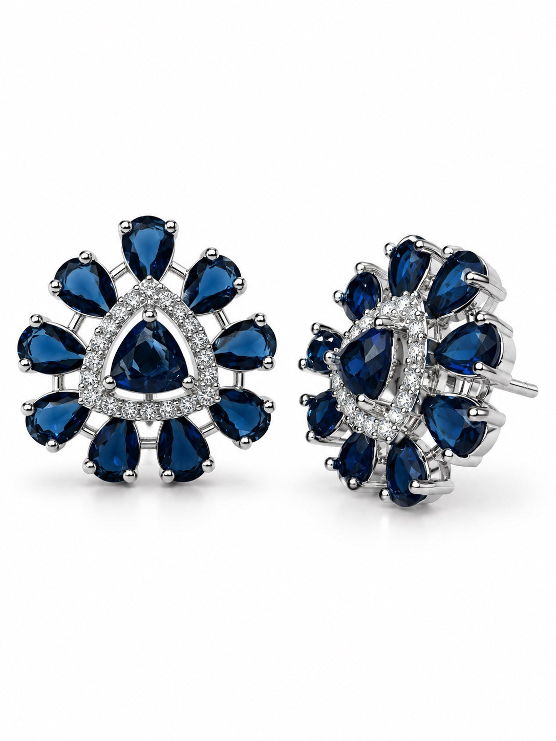 Blue Teardrop Halo Stud Earrings in silver plating