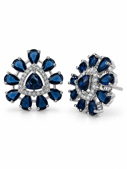 Blue Teardrop Halo Stud Earrings in silver plating