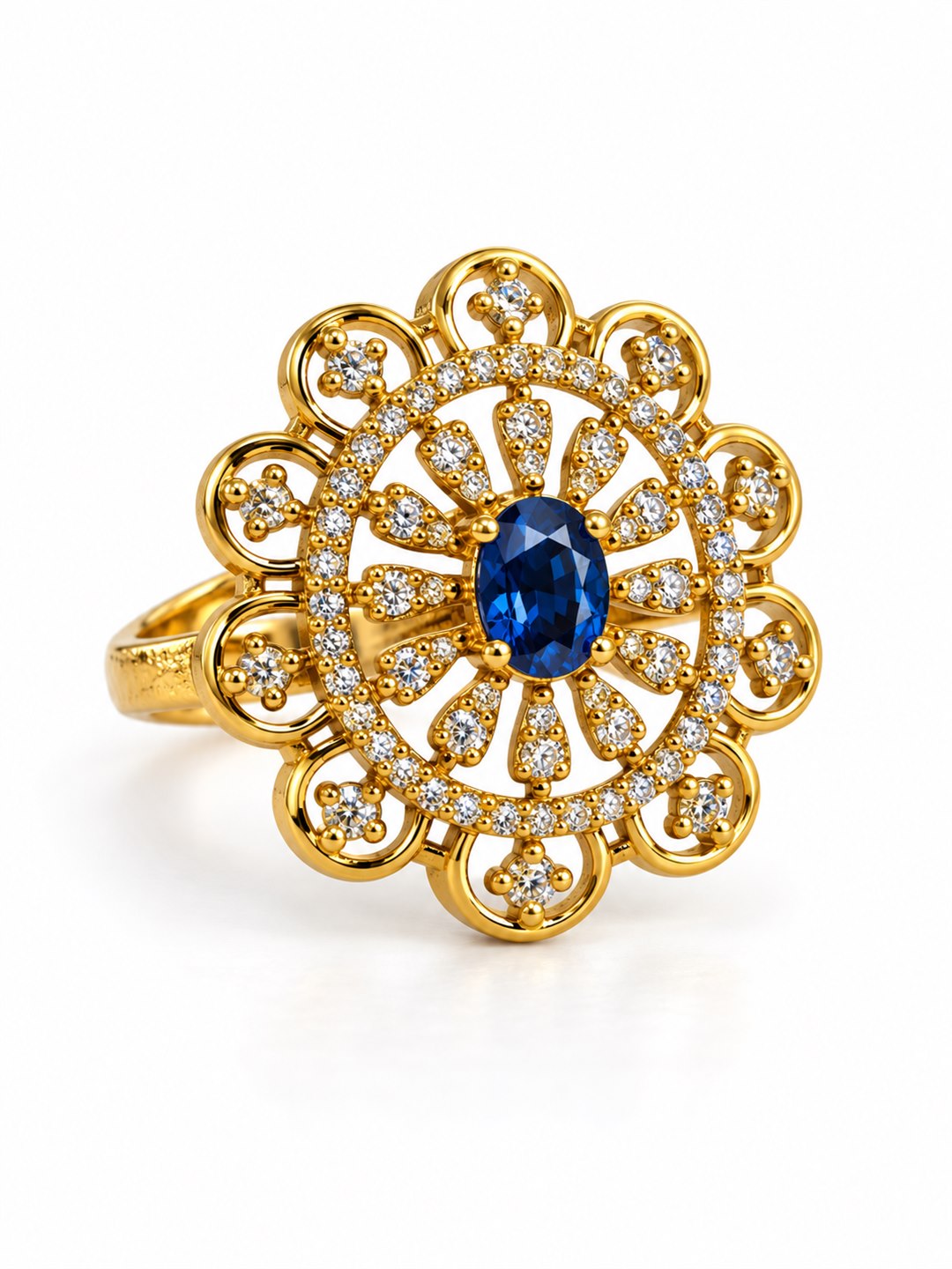 Blue Stone Scalloped Sunburst Ring - Gold Plated, additional view 1