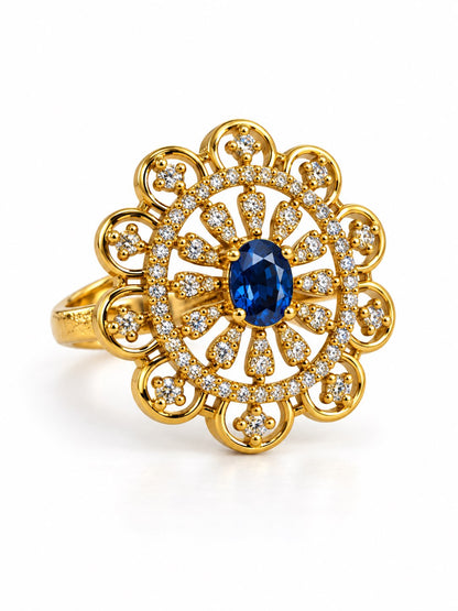 Blue Stone Scalloped Sunburst Ring - Gold Plated, additional view 1
