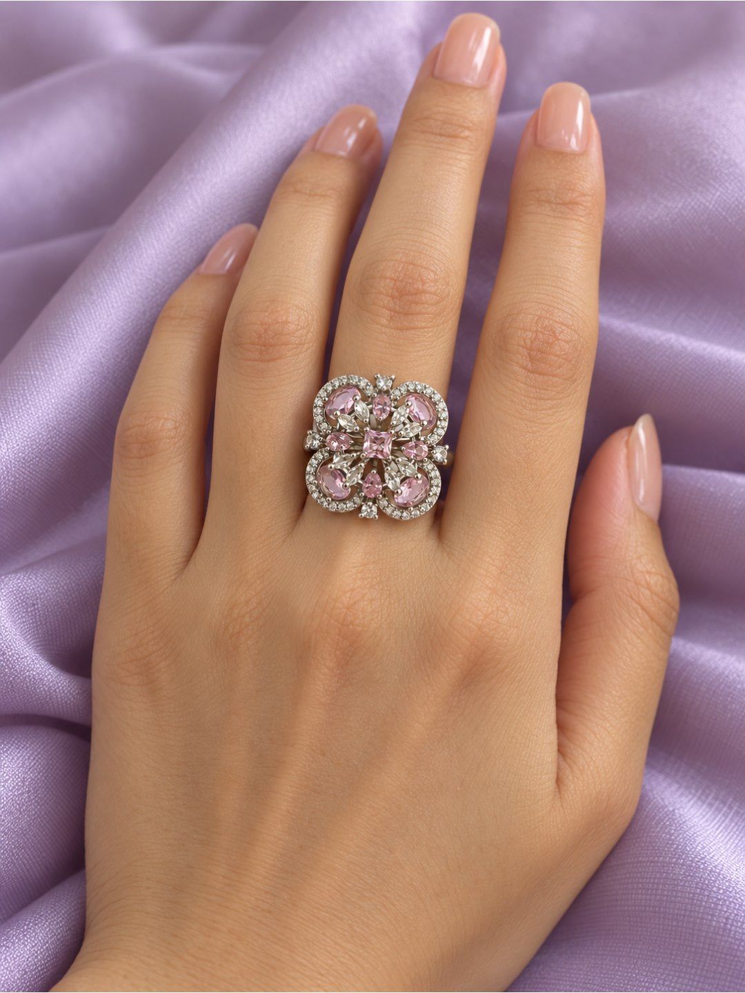 Pink Square Center Quatrefoil Ring - Silver Plated worn on hand - close-up