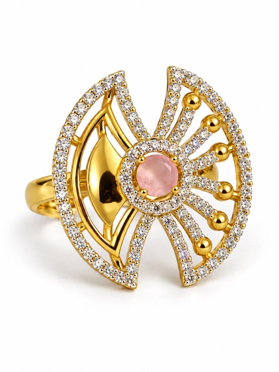 Pink Center Stone Fan Motif Ring - Gold Plated