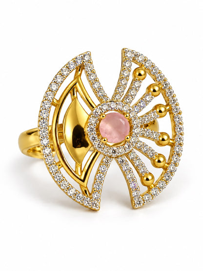 Pink Center Stone Fan Motif Ring - Gold Plated