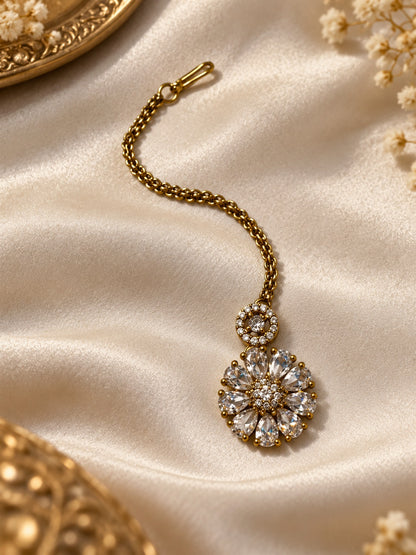 Clear Teardrop Floral Maang Tikka - Gold Plated, additional view 4