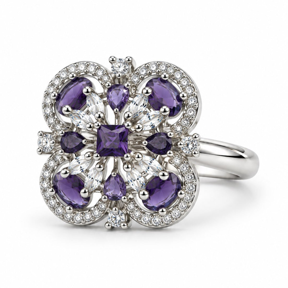 Purple Square Center Quatrefoil Ring - Silver Plated - product view