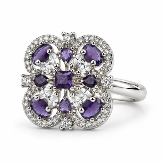 Purple Square Center Quatrefoil Ring - Silver Plated - product view