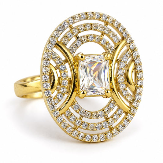 White Center Stone Oval Geometric Halo Ring - Gold Plated