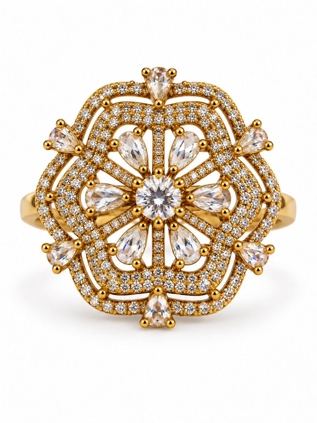 Clear Stone Scalloped Floral Halo Ring - Gold Plated, additional view 1