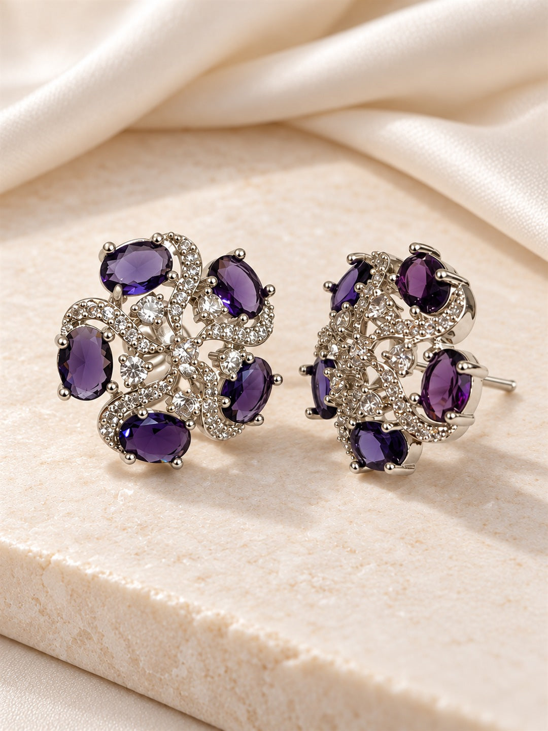 Purple Oval Stone Floral Stud Earrings in silver plating