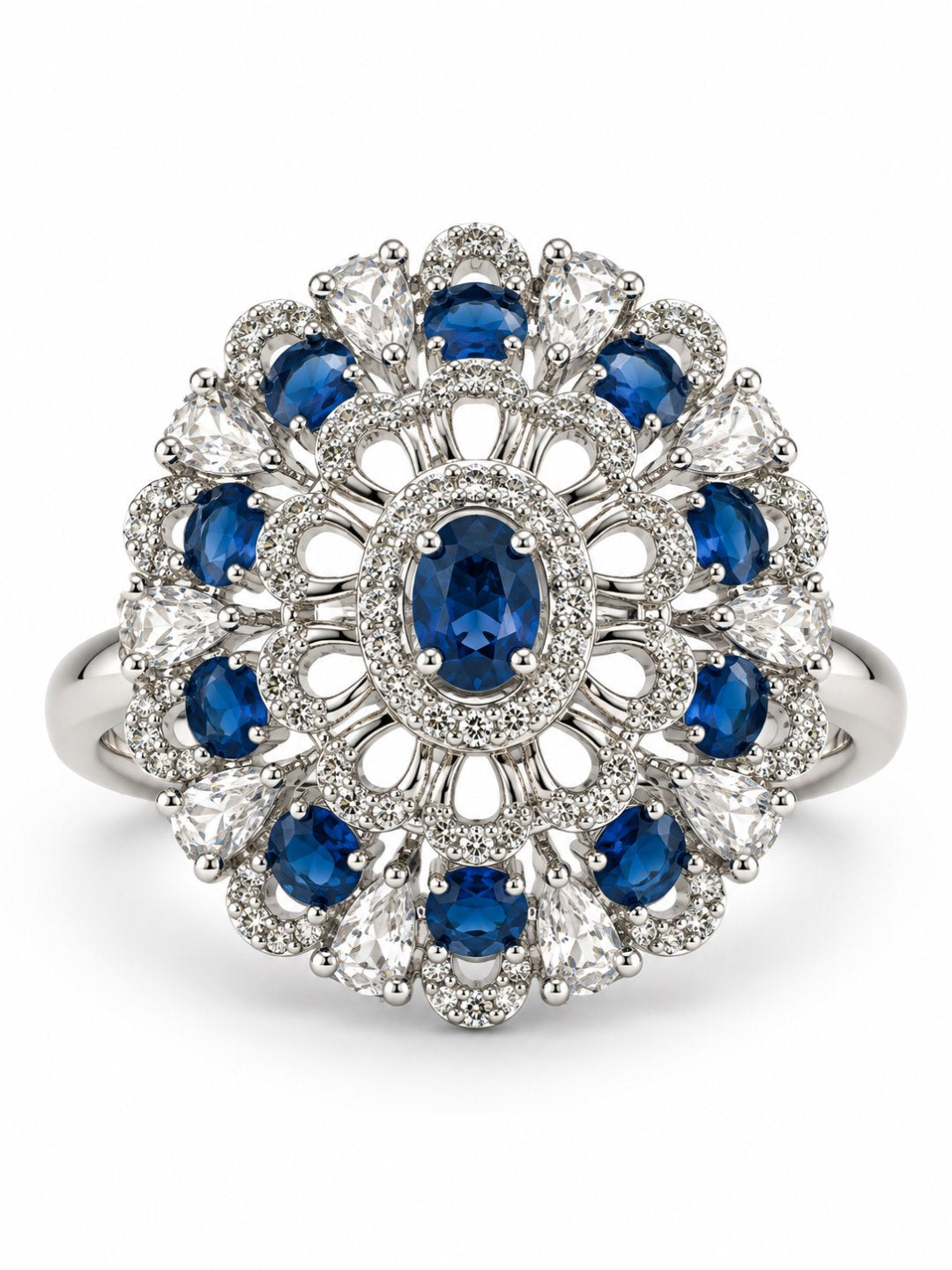 Blue Oval Center Floral Cluster Ring - Silver Plated - alternate view