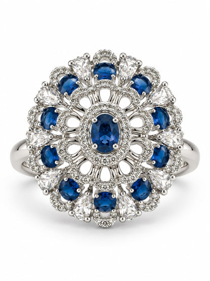 Blue Oval Center Floral Cluster Ring - Silver Plated - alternate view