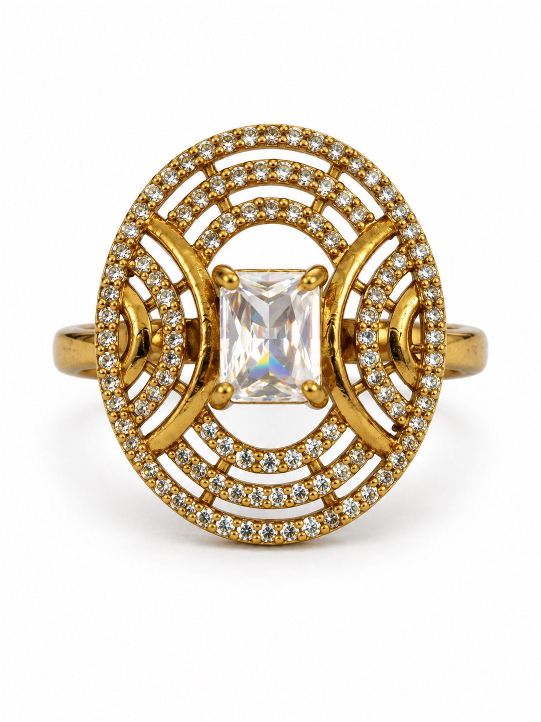 Clear Stone Rectangular Stone Oval Halo Ring - Gold Plated, additional view 4