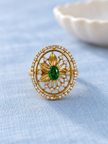 Green Stone Oval Sunburst Ring - Gold Plated, additional view 3