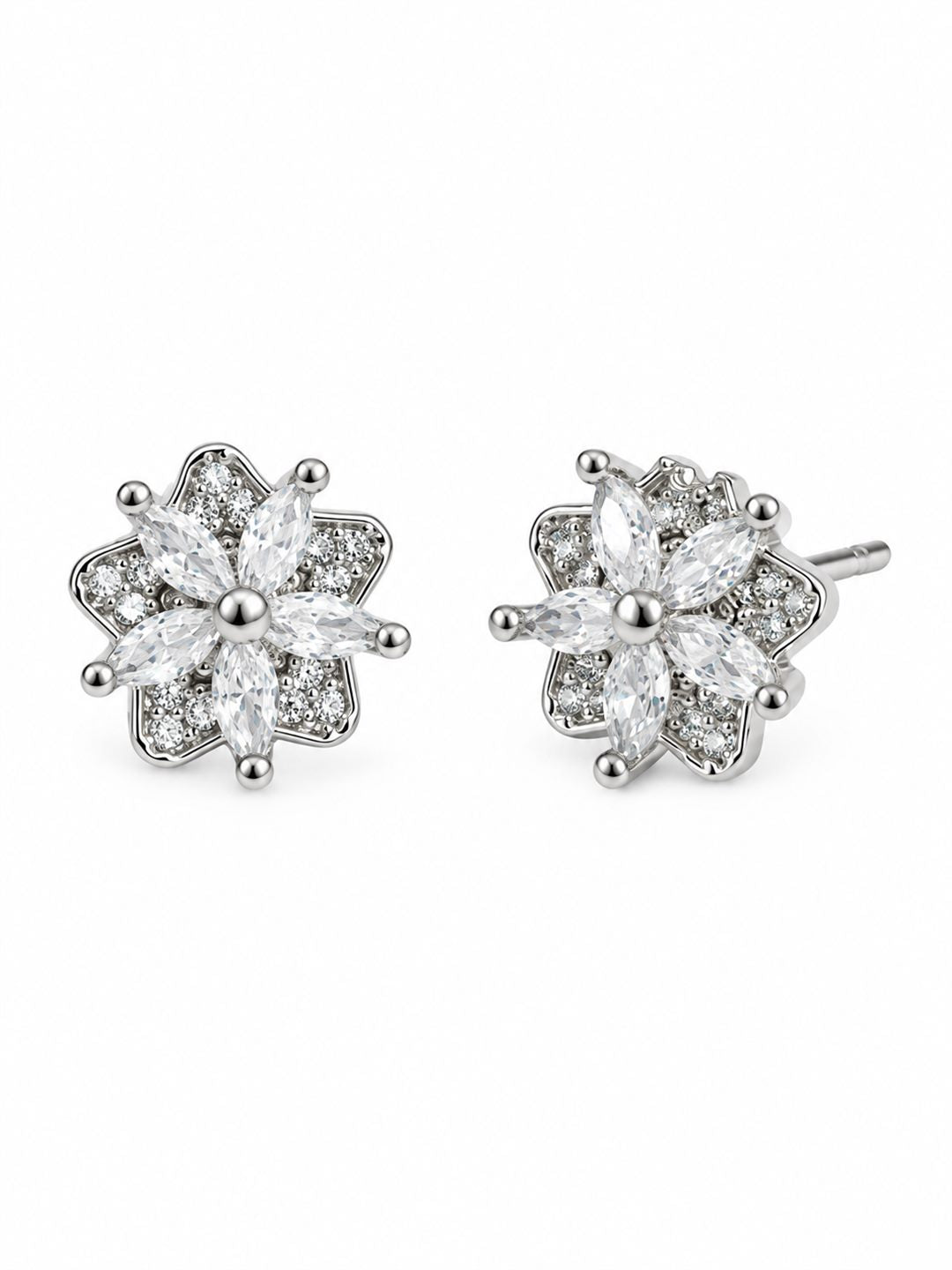 Clear Marquise Floral Cluster Stud Earrings, silver plated, alternate product view