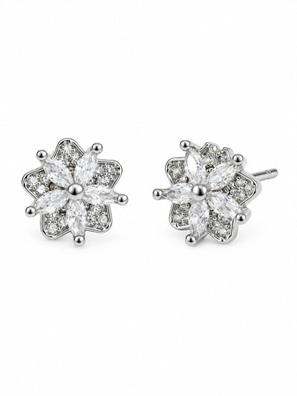 Clear Marquise Floral Cluster Stud Earrings, silver plated, alternate product view