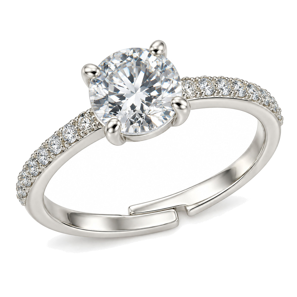 Clear Round Solitaire Pave Band Ring - Silver Plated, product view