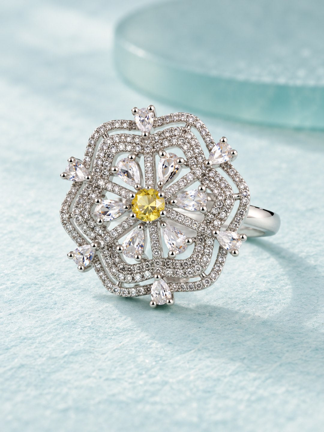 Yellow Round Center Geometric Flower Ring - Silver Plated - alternate view