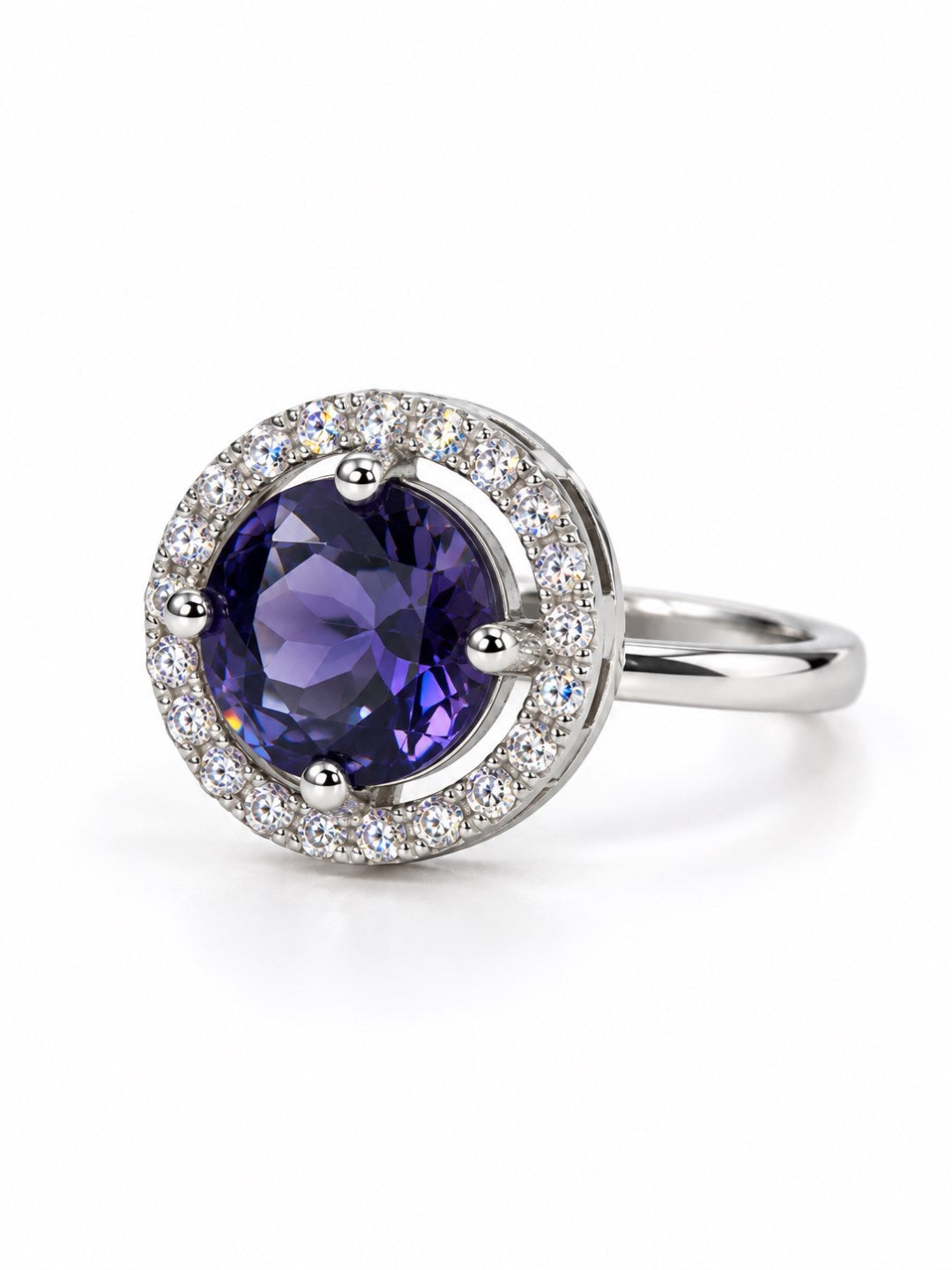 Purple Round Solitaire Halo Ring - Silver Plated