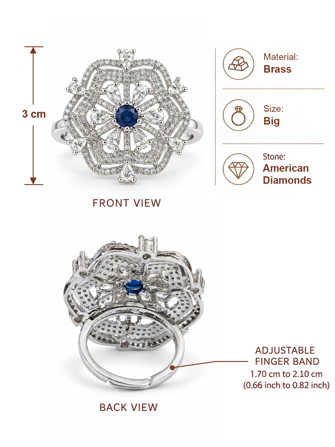 Blue Round Center Geometric Flower Ring - Silver Plated - alternate view