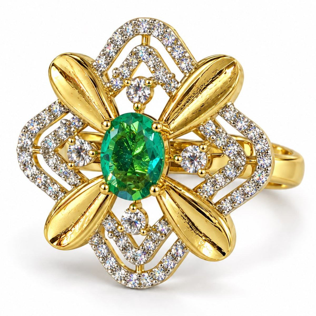Sea Green Center Stone Four-Petal Floral Ring - Gold Plated