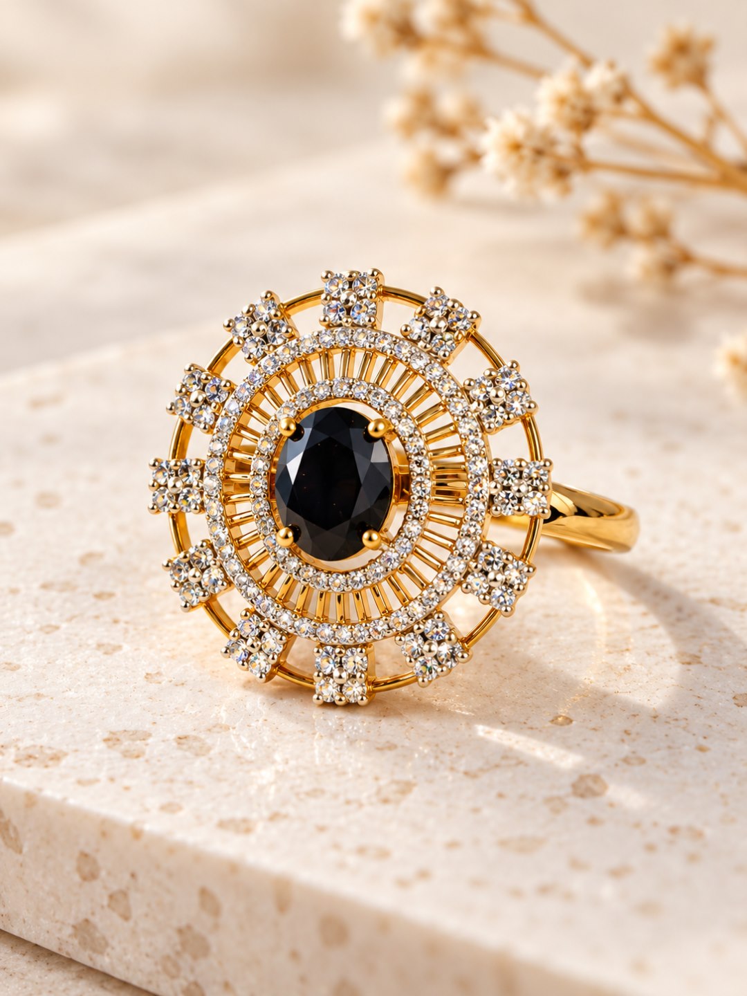 Black Center Stone Baguette Halo Ring - Gold Plated