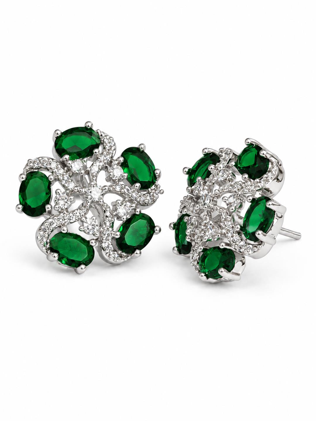 Green five-stone floral halo silver-plated stud earrings