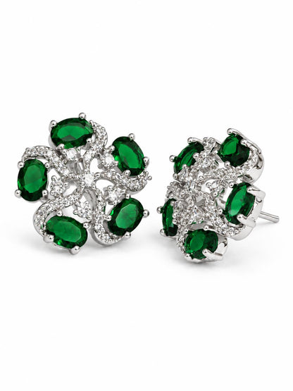 Green five-stone floral halo silver-plated stud earrings