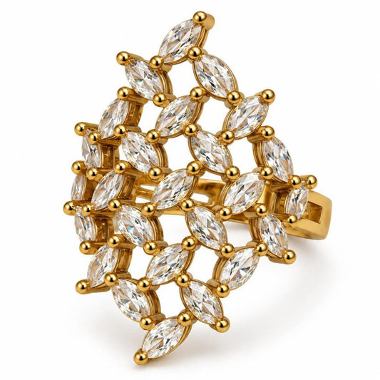 Clear Stone Marquise Lattice Ring - Gold Plated, product view