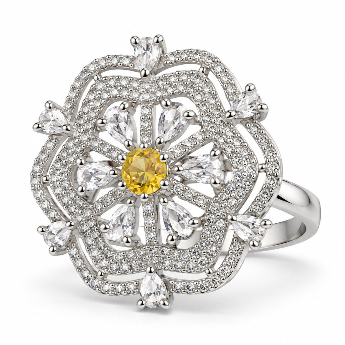 Yellow Round Center Geometric Flower Ring - Silver Plated - product view