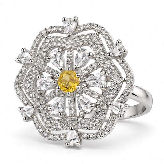 Yellow Round Center Geometric Flower Ring - Silver Plated - product view