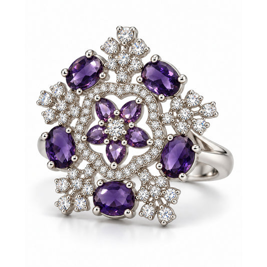 Purple Stone Ornate Floral Ring - Silver Plated - product view