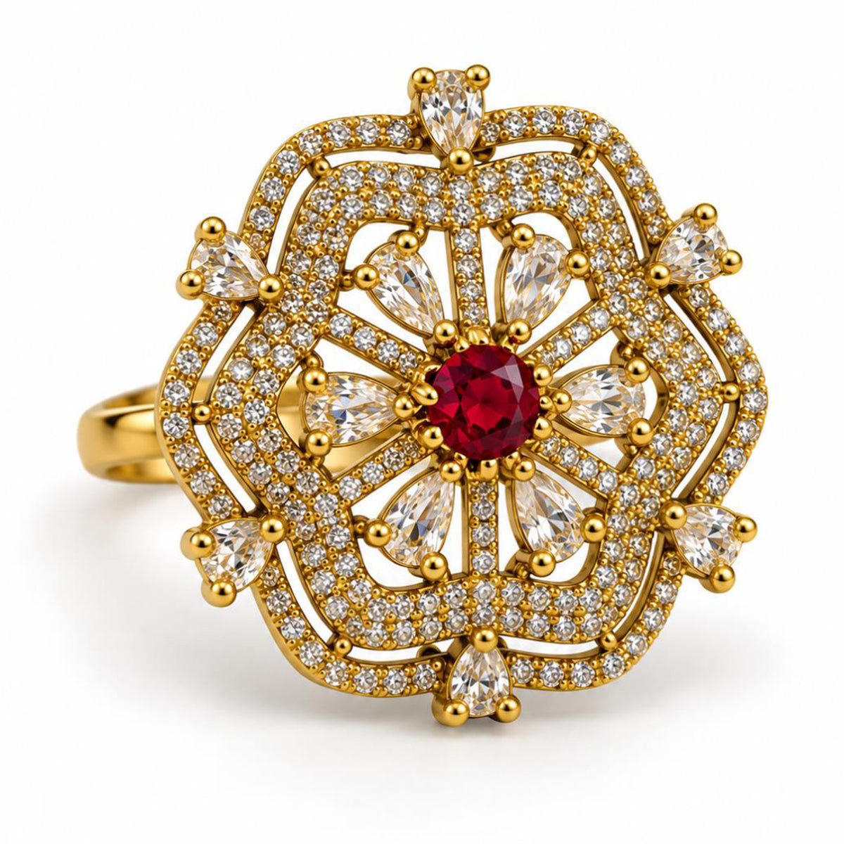 Red Stone Scalloped Floral Halo Ring - Gold Plated, product view