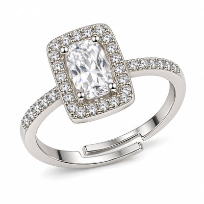 Clear Rectangular Stone Halo Ring - Silver Plated, product view