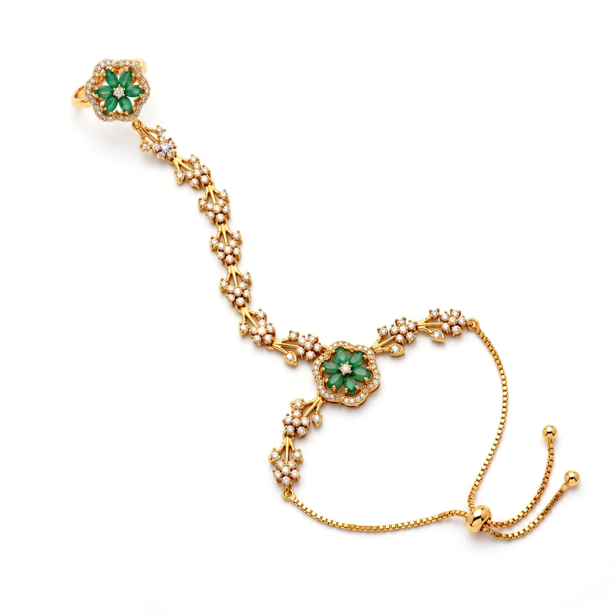Green Floral Marquise-Stone Chain Hathphool - Mehndi Plated