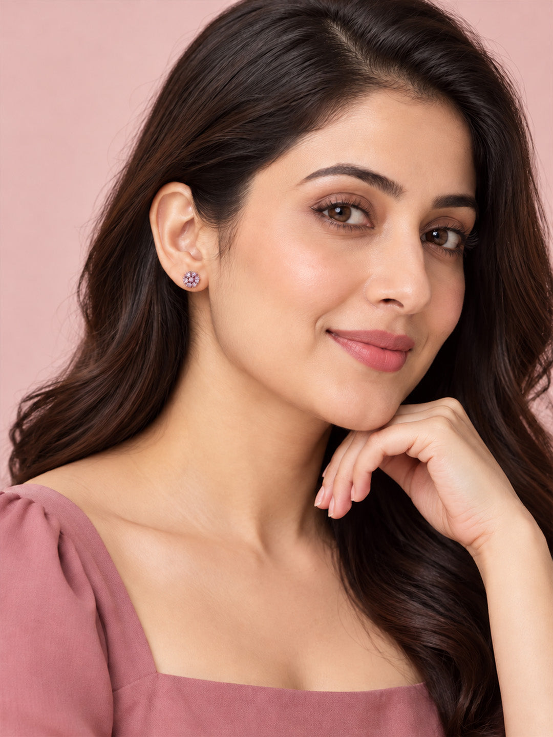 Pink Stone Floral Cluster Stud Earrings, silver plated, worn on model