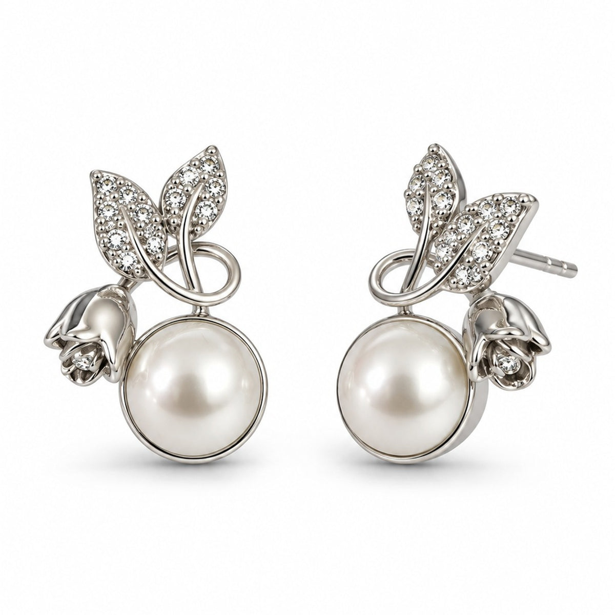 White Pearl-Effect Leaf Stud Earrings, silver plated