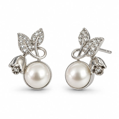 White Pearl-Effect Leaf Stud Earrings, silver plated