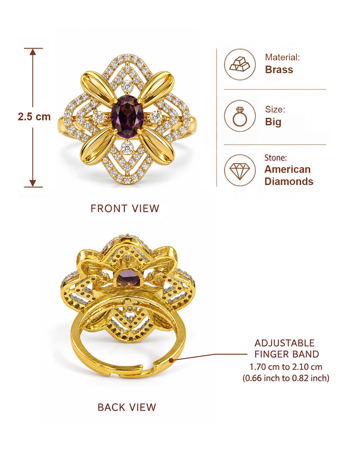 Purple Center Stone Four-Petal Floral Ring - Gold Plated