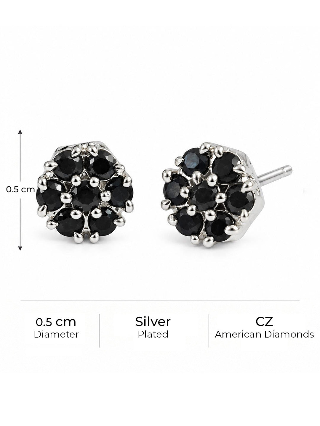 Black Stone Floral Cluster Stud Earrings, silver plated, size and plating details