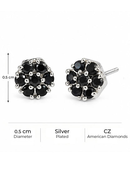 Black Stone Floral Cluster Stud Earrings, silver plated, size and plating details